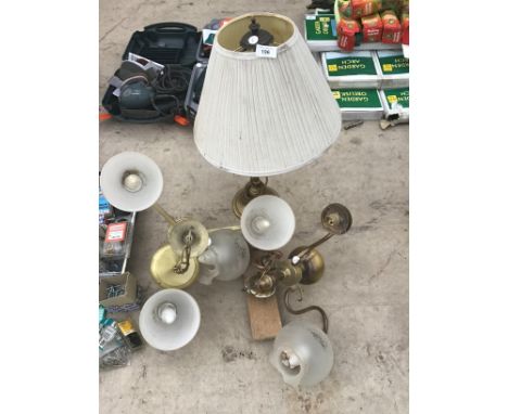TWO BRASS CEILING LIGHTS AND A BRASS LAMP 