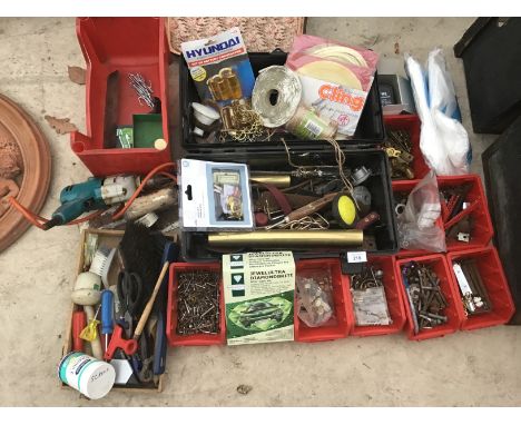 A QUANTITY OF TOOLS AND HARDWARE TO INCLUDE NAILS, SCREWS, DRILL, ETC IN WORKING ORDER 