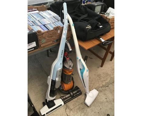 A DYSON DC 24 ROLLER BALL VACUUM CLEANER IN WORKING ORDER, A BOSCH (NO CHARGER) AND AN EASYHOME (NO CHARGER) 