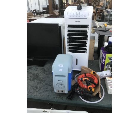 AN IGENIX AIR CONDITIONER UNIT, A COOL BOX FOR CAR, LEAD AND HOSE PIPE ATTACHMENT ETC IN WORKING ORDER 