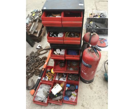 TWO EIGHT DRAWER TOOLS CHESTS AND CONTENTS AND TWO FIRE EXTINGUISHERS 