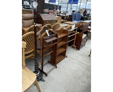 FOUR ITEMS - A MAHOGANY STANDARD LAMP, TROUSER PRESS, BOOKCASE AND TOWEL RAIL 