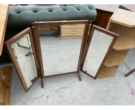 THREE ITEMS - A MAHOGANY DRESSING TABLE MIRROR, AN OAK EFFECT CORNER SHELF AND A FOLDING CARD TABLE 