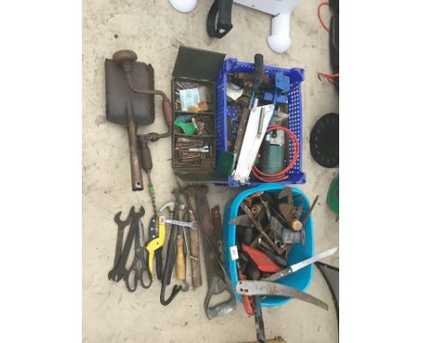 VARIOUS TOOLS TO INCLUDE DRILL, HAMMER, SAWS, SPANNERS ETC 