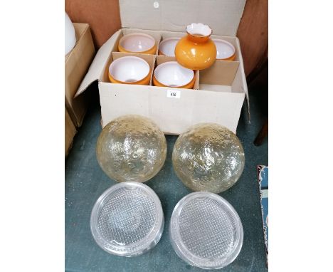 TEN ASSORTED VINTAGE OIL LAMP GLASS SHADES - SIX ORANGE EXAMPLES AND TWO PAIRS 