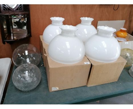 SIX VINTAGE OIL LAMP GLASS SHADES - FOUR BOXED MILK GLASS EXAMPLES ETC 
