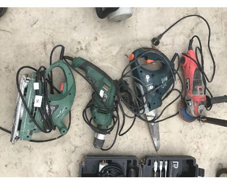 FOUR POWER TOOLS TO INCLUDE A BLACK AND DECKER SAW, AN ANGLE GRINDER, WICKES DRILL AND A PARKSIDE SANDER 
