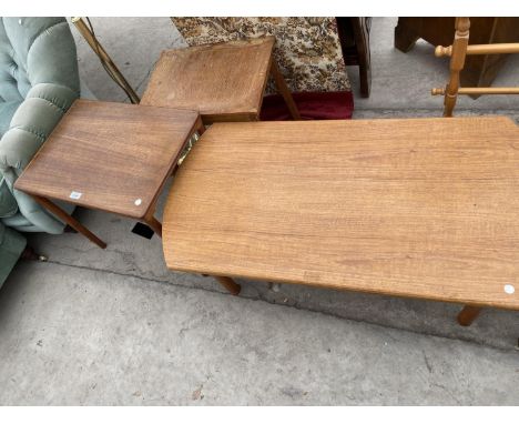 THREE TEAK OCCASIONAL TABLES AND A BRASS STANDARD LAMP 