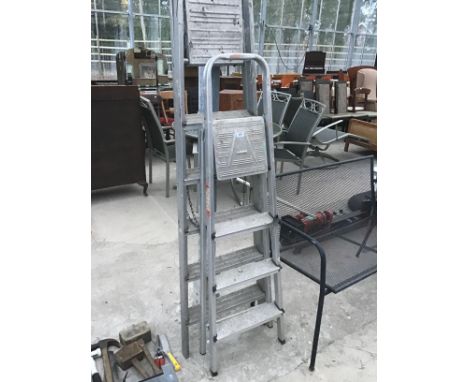 TWO SETS OF ALUMINIUM STEP LADDERS, ONE FOUR STEP AND ONE FIVE STEP 