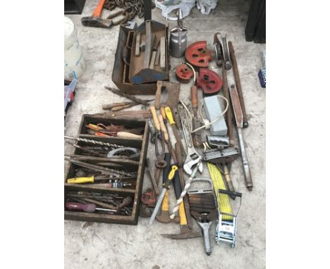 VARIOUS TOOLS TO INCLUDE PIPE BENDERS, RIVETERS, HAMMERS, TOOL BOXES, DRILL BITS ETC 