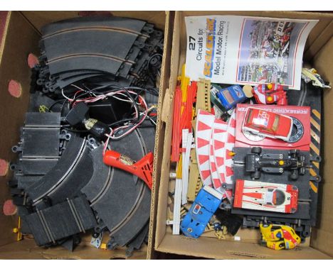 A quantity of Scalextric Slot Cars, Track, Spectators, Barriers, Lap Counter, Circuit Guide. Slot cars include Mini Metro, Re