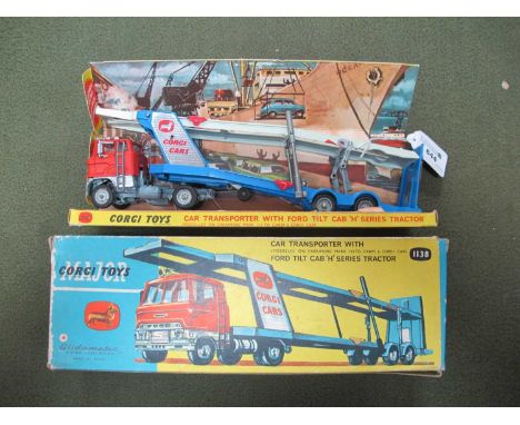 Corgi Toys 1138 Car Transporter with Ford Tilt Cab H series tractor comprising of red and blue body with cast hubs, minor chi