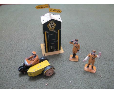 A 1930s Pre-War Dinky Set No 44 - 'AA', with telephone box, motorcycle, and two figures, appears complete and undamaged apart