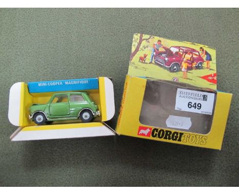 A Corgi Toys 334 Mini Cooper 'Magnifique', metallic green body, cream interior, sunshine roof, detailed cast hubs, scratch to