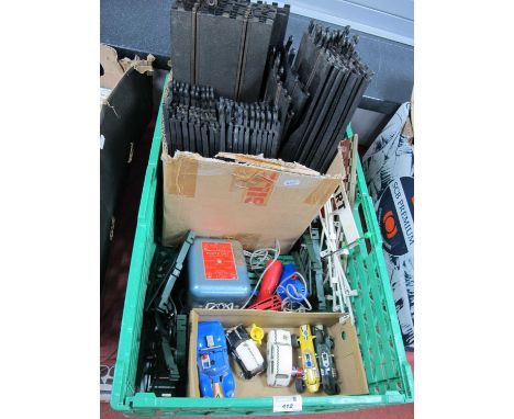 A collection of Scalextric slot car items to include Fiat TC600 - 'Made in Spain' (missing 3 tyres), track controllers, barri