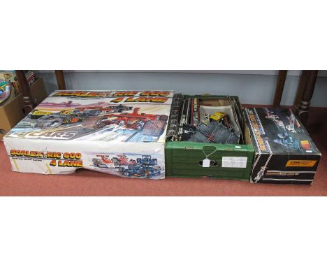 Scalextric slot car interest to include Scalextric 600 4 Lane Four car set, C559 track accessory set, Five slot cars includin