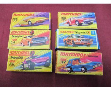 Six boxed Matchbox 1-75 series Superfast diecast model cars comprising of #8 Wild Cat Dragster, orange body with Wildcat deca