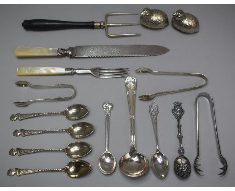 A Collection of Silver Plate and Silver Items to Include Souvenir Spoons, Victorian Teaspoon and Sugar Bow set, Teaspoons, No