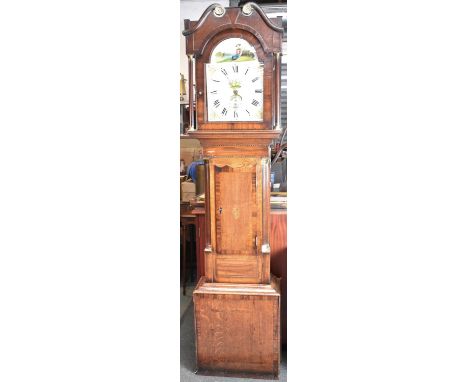 A 19th Century Oak and Mahogany Crossanded and Inlaid 30 Hour Long Case Clock with Arched Painted Dial Depicting Seated Fishi