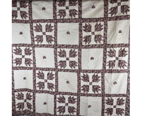 A Handmade Patchwork Quilt, "Bear Paw and Hearts" by Ross Foster, Shifnal, 1991 Dedicated to Jill with Love, 214cm Square 