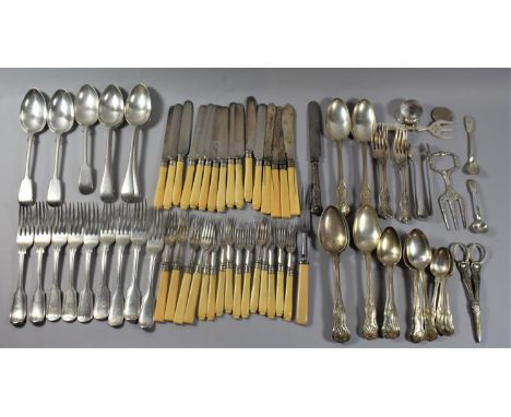 A Collection of Various Silver Plated and Bone Handled Cutlery to Include Kings Pattern Spoons, Serving Spoons, Forks, Grape 