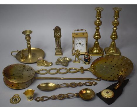 A Collection of Various Brasswares to Include Chestnut Roaster, Bedchamber Stick, Pair of Candlesticks, Spoons etc 