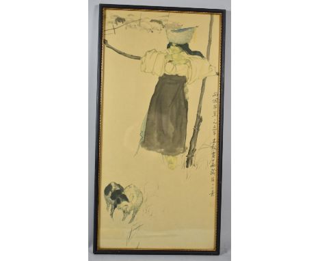 A Framed Oriental Print Depicting Shepherd Girl, 54 x 26cm 