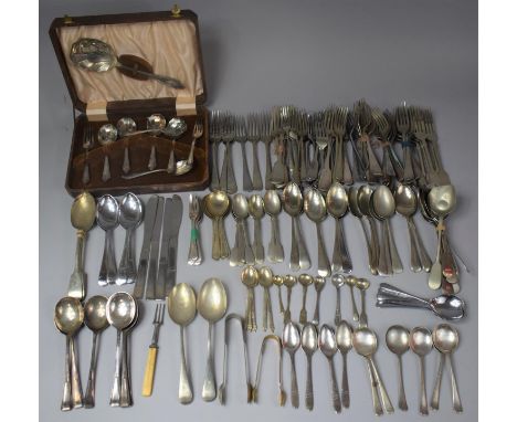 A Collection of Various Silver Plated Cutlery Together with an Early 19th Century Three Pronged Bone Handled Fork 