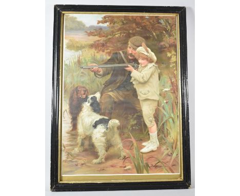 A Framed Victorian Print Depicting Game Keeper Helping Child with Shotgun, 60x43cm 