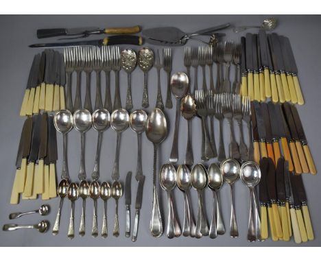 A Large Collection of Cutlery to Comprise Silver Plated Monogrammed Examples, Large Ladle, Various Bone and Other Handled Sil