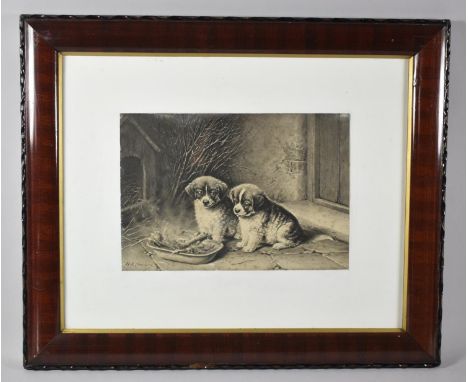 An Edwardian Monochrome Print Depicting Pups with Bowl of Food After HH Couldery, 48x38cm 