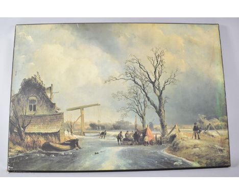 A Dutch Print Depicting Winter Canal Scene, 69cm wide, Some Scuffs 