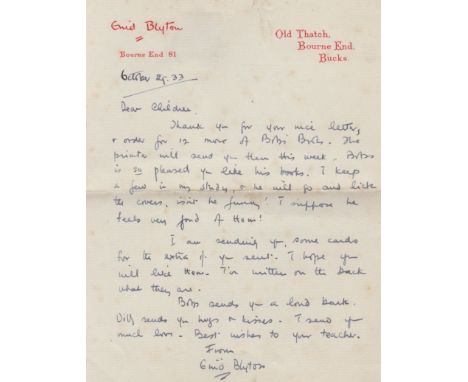 BLYTON ENID: (1897-1968) English Children's Writer. A.L.S., Enid Blyton, one page, 8vo, Old Thatch, Bourne End, Buckinghamshi
