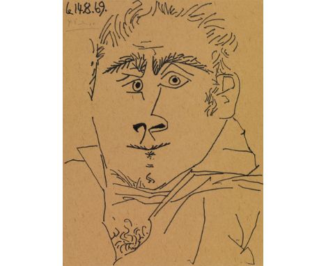   Pablo PicassoTête D'Homme (LE 14 AOÛT 1969)  Tuschfederzeichnung auf bräunlichem Karton 23 x 17,5 cm Unter Glas gerahmt. Ob