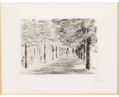 Liebermann, Max (1847 Berlin 1935) Reitweg im Tiergarten. Kaltnadelradierung (l. stockfleckig), re. u. mit Bleistift sign. Pl