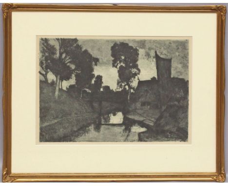 Overbeck, Fritz (1869 Bremen - Vegesack 1909) Worpsweder Kanal mit Birken und Gehöft. Aquatintaradierung, in der Platte sign.