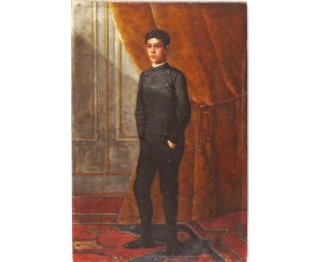 Portraitist (süddeutsch, 19. Jh.) Stehender Knabe in schwarzem Anzug. Öl/Holz (Altersspuren). Ca. 33,3x 21,5 cm. Prov.: Erwor