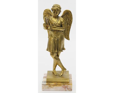 Unbekannter Künstler (19. Jh.) Amor mit Lyra. Feuervergoldete Bronze (zu polieren). Auf Plinthe und Marmorsockel. H. 23 bzw. 