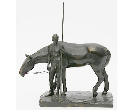Vordermeyer, Ludwig (1868 Berlin - München 1933) "Rast" (Speerträger mit Pferd). Bronze mit dunkler Patina (l. berieben). Ent