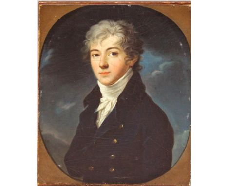 Portraitist (England, um 1800) Portrait eines jungen Herren. Öl/Malpappe, auf Holz kaschiert (Altersspuren, rest.), verso alt