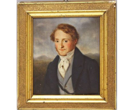 Portraitist (deutsch, um 1830) Portrait eines jungen Mannes vor hügeliger Landschaft - wohl Friedrich Graf von Kalckreuth. Öl