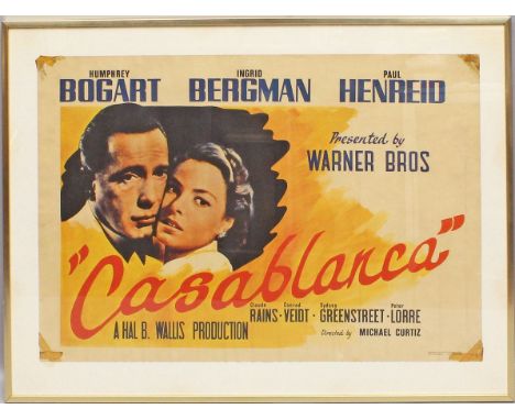 Originales Filmplakat "Casablanca", mit H. Bogart, I. Bergman und P. Henreid. Falzspuren, besch. und Ecken mit Klebespuren. D
