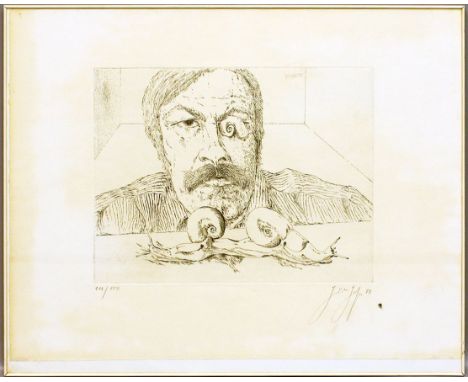 Grass, Günter (1927 Danzig - Lübeck 2015) Selbstbildnis mit Schnecken. Kaltnadelradierung (gebräunt, fleckig bzw. Alters- und