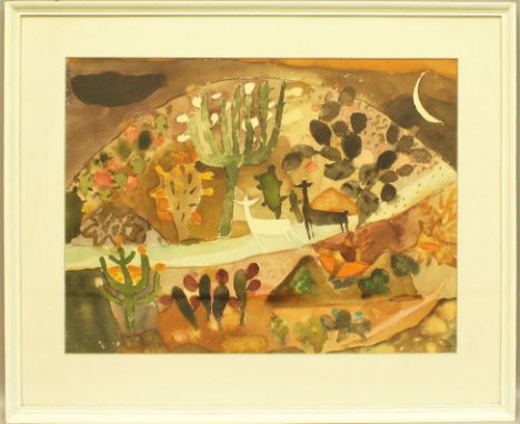 Förster, Heidi (geb. 1932) Zwei Lamas in Kakteenlandschaft. Aquarell, re. u. monog. "HF" und dat. (19)65. PP.-Ausschnitt ca. 