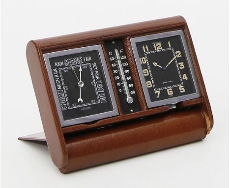 Reisuhr mit Barometer und Thermometer "Jaeger-LeCoultre". Verchromte Gehäuse mit schwarzen Zifferblättern, arabischen Leuchtz