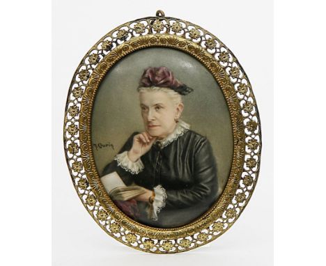 Ovale Bildplatte, KPM Berlin. Halbportrait einer älteren Dame mit Buch. Re. außen sign. "M. Qurin". Geprägte Szeptermarke übe
