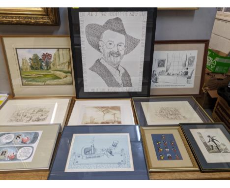 A mixed lot of framed and glazed pictures to include a Ron Cosford watercolour, signed cartoon prints by Brant Parker, Januz 