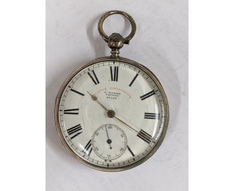A Victorian silver cased Railway Timekeeper J Myers open faced pocket watch, hallmarked London 1874Location: 