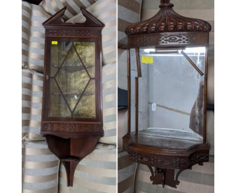 An early 20th century mahogany wall hanging corner cabinet, 125cm h x 44.5cm w, together with a mahogany wall hanging shelf w