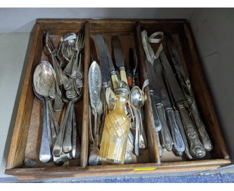 Silver plated cutlery and flatware to include table spoon, fish knives and forks, a silver table spoon A/F, 54gLocation: 